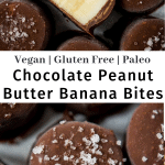 Small thick round chocolate covered banana slices with peanut butter and dusted with salt