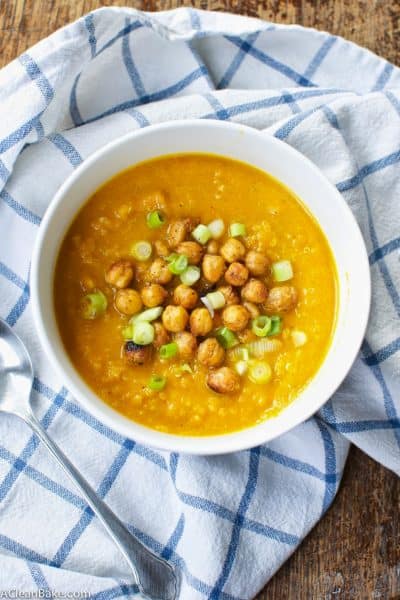 Vegan Cold Carrot Quinoa Soup with Chickpea Croutons