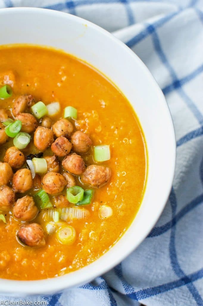 Vegan Cold Carrot Quinoa Soup with Chickpea Croutons