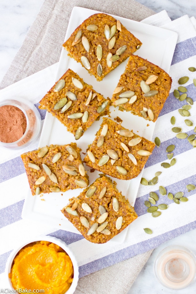 Time to upgrade your breakfast routine for fall! Start with these wholesome Pumpkin Baked Quinoa Bars (gluten free)!