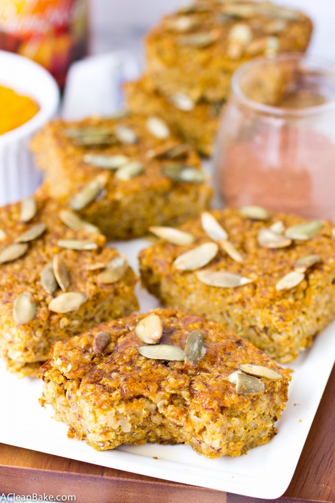 Time to upgrade your breakfast routine for fall! Start with these wholesome Pumpkin Baked Quinoa Bars (gluten free)!