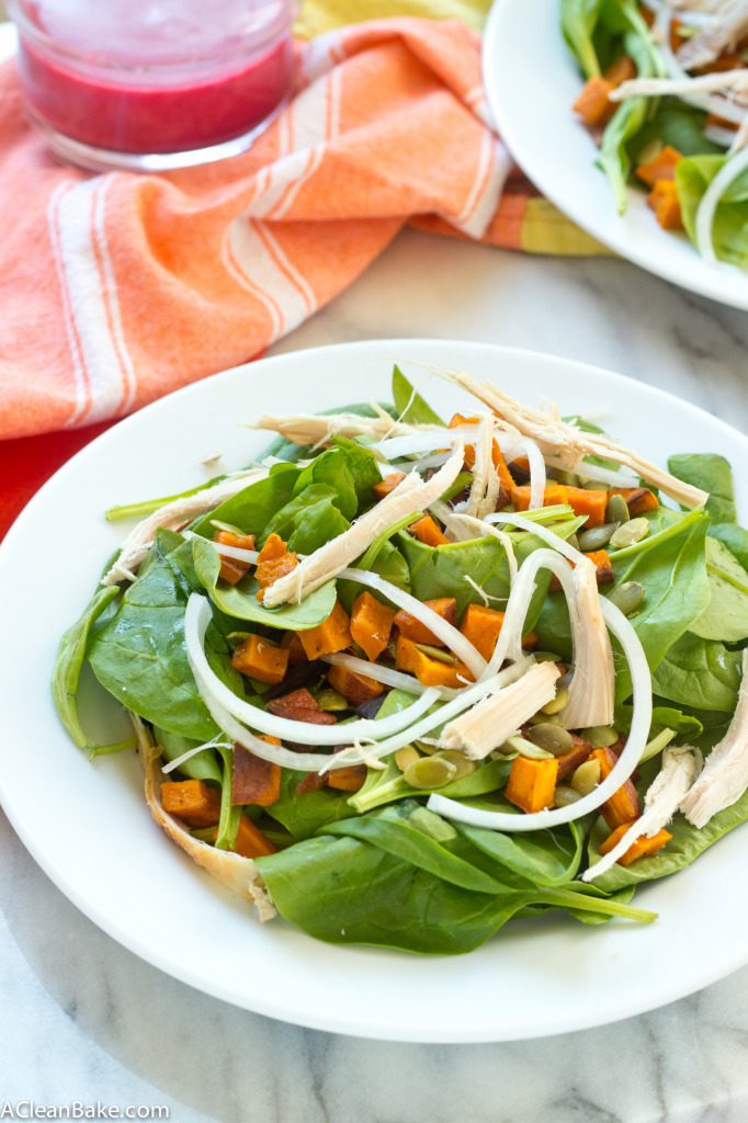 Turkey and Sweet Potato Spinach Salad with Cranberry Vinaigrette