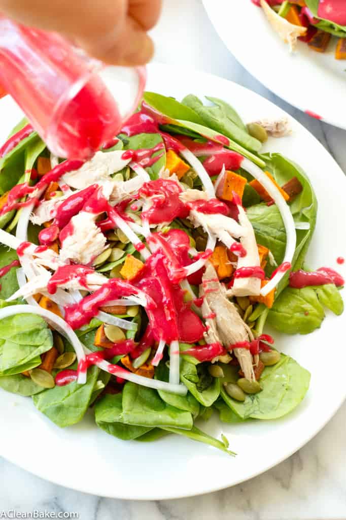 Turkey and Sweet Potato Spinach Salad with Cranberry Vinaigrette