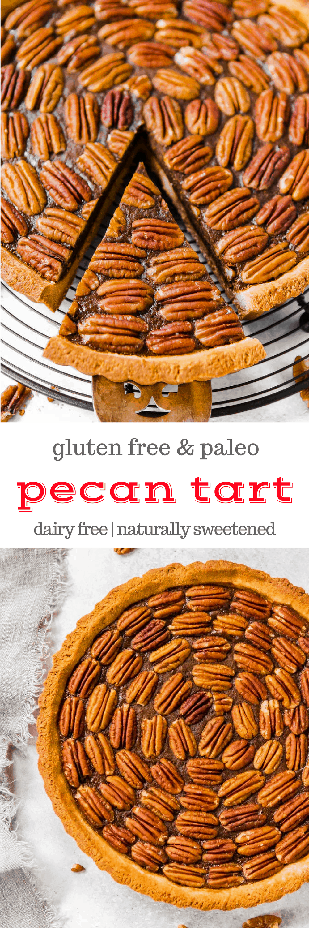 Gluten Free Pecan Tart is the perfect elegant #Thanksgiving or #Christmas #dessert! The delicious pastry is a cousin on the favorite pecan pie, and this #recipe is #glutenfree #paleo #dairyfree and #naturallysweetened