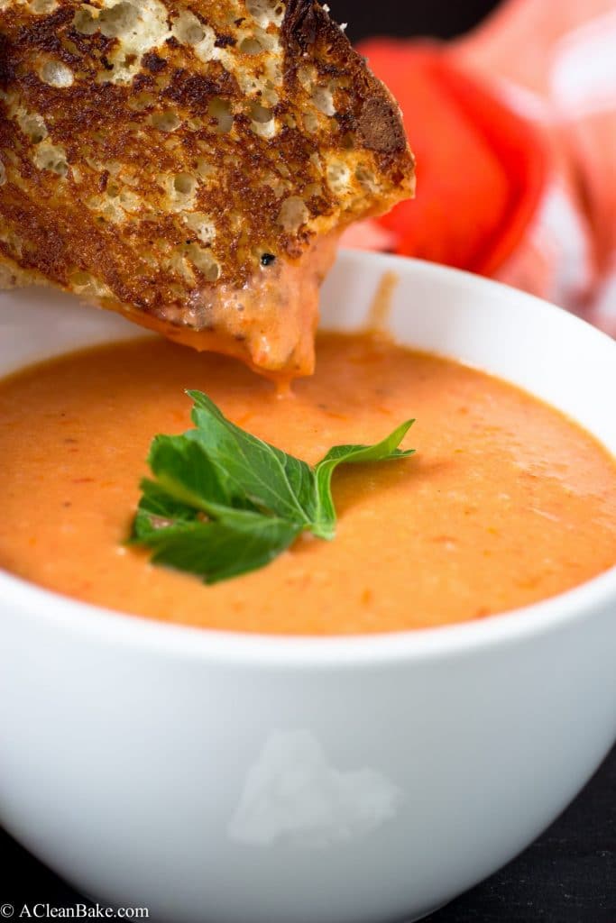 Creamy Homemade Tomato Soup with Grilled Cheese #vegan #paleo #glutenfree #whole30 #dairyfree #healthy #soup #recipe