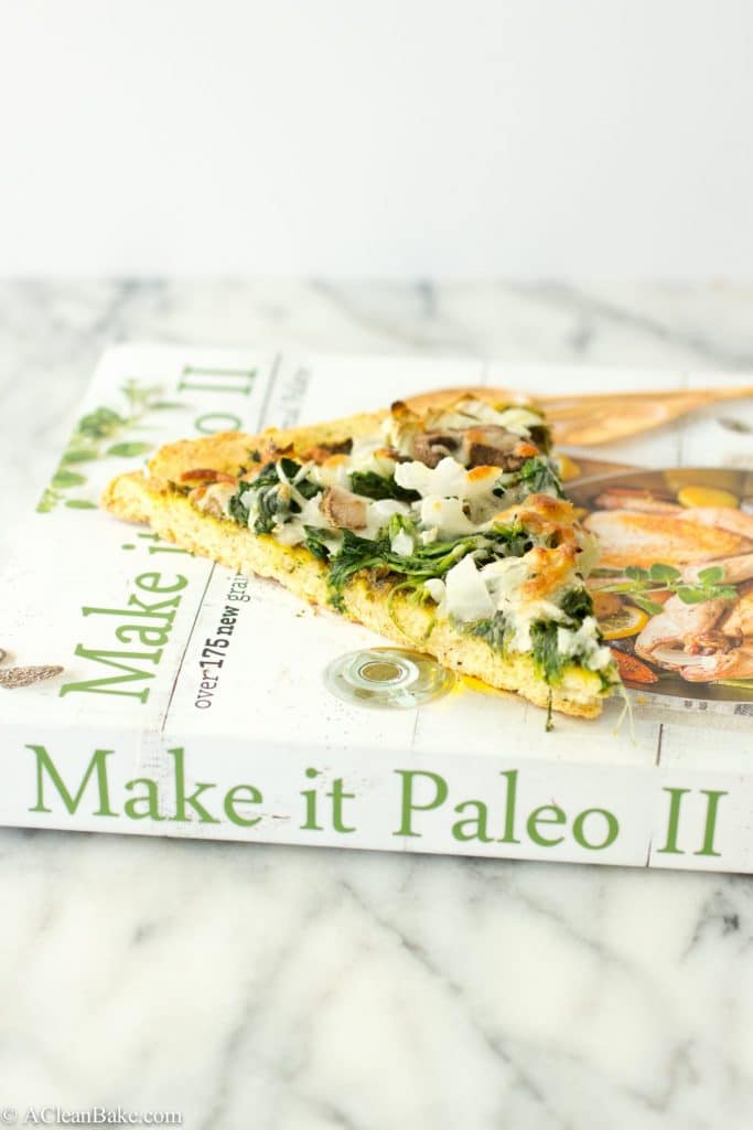 Grain Free Thin Crust Pizza topped with Homemade Pesto and Veggies (gluten-free and paleo)