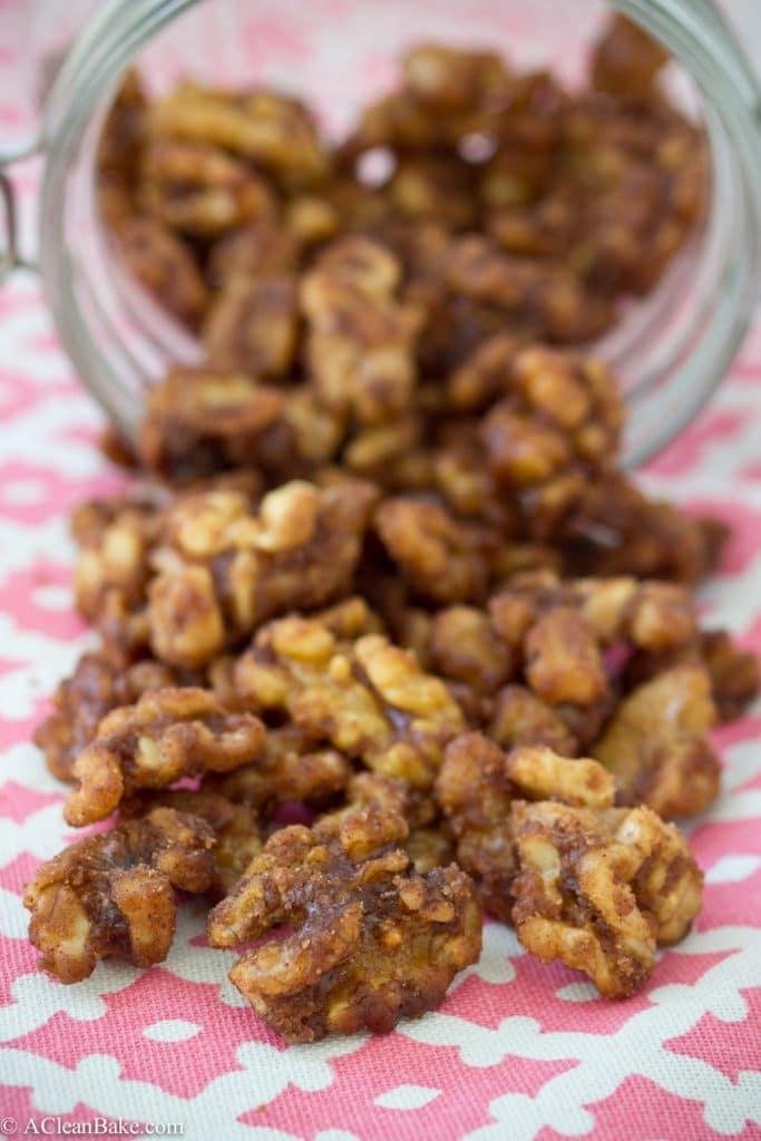 Sugar free candied walnuts make a great sweet, yet low-glycemic snack! (gluten-free, grain-free, paleo and vegan)