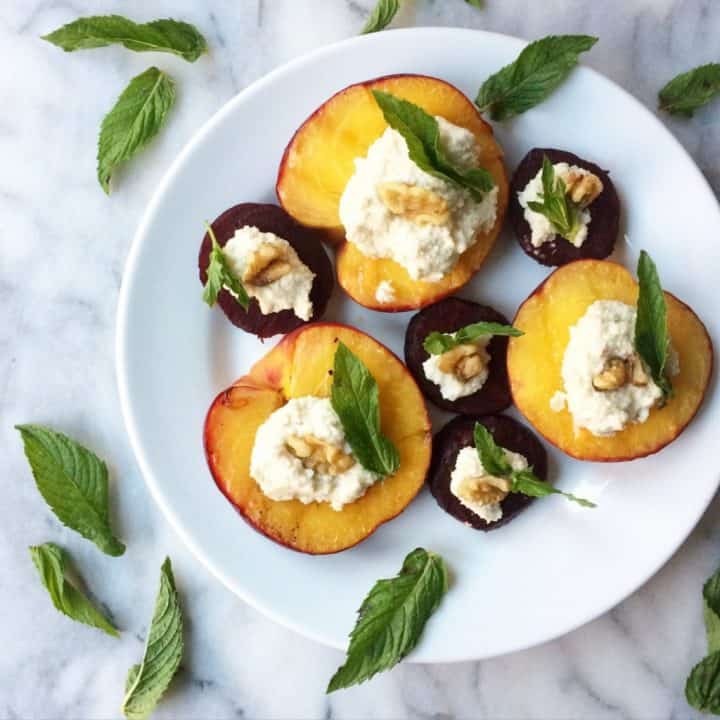 Grilled Peaches and Beets with Honeyed Ricotta and Mint (Gluten free, vegan, paleo and grain free)