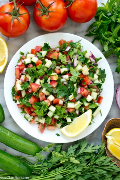 Fresh, crisp and hydrating Jerusalem Salad - you'll want to eat this every day this summer! (It's raw, vegan, gluten free and paleo, too!)