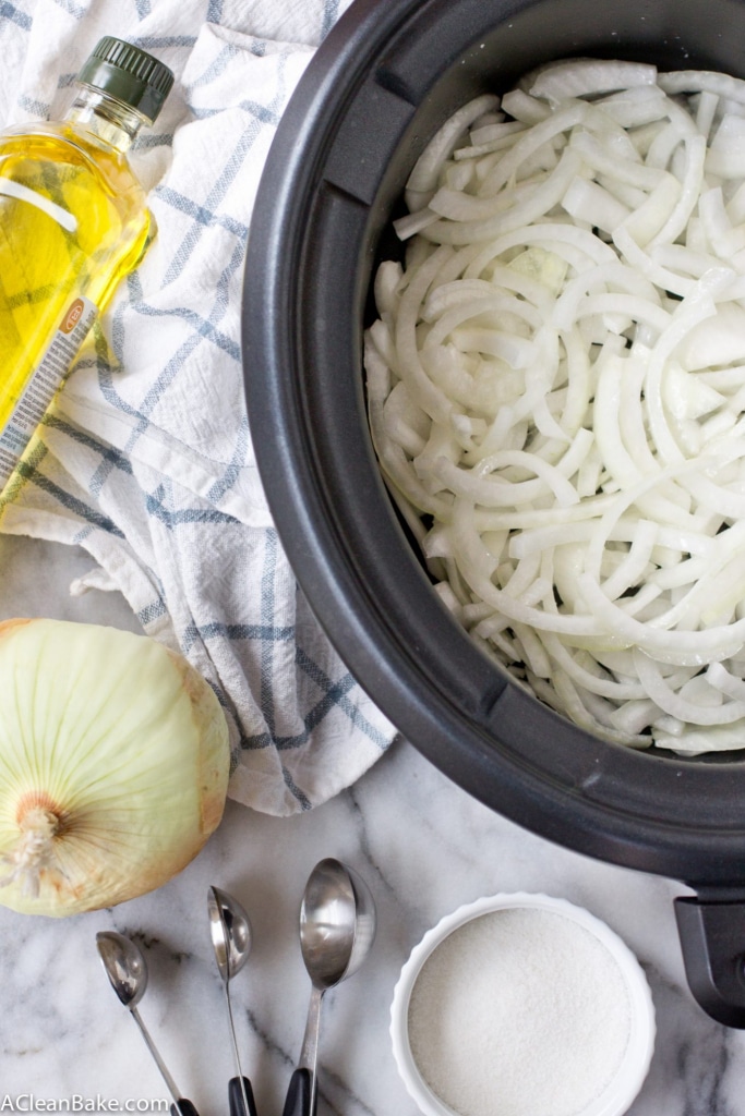 Slow Cooker Caramelized Onions - your favorite burger topping made the easy, oven-free, hands off way!