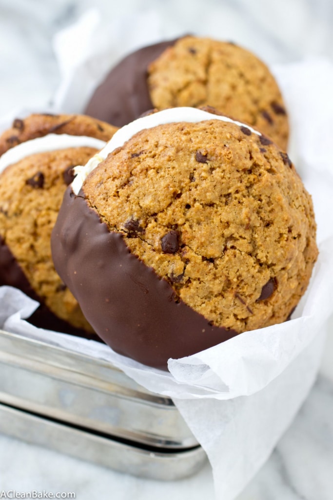 A grain free and gluten free version of your favorite summer treat: s'mores made with chocolate chip cookies instead of graham crackers!