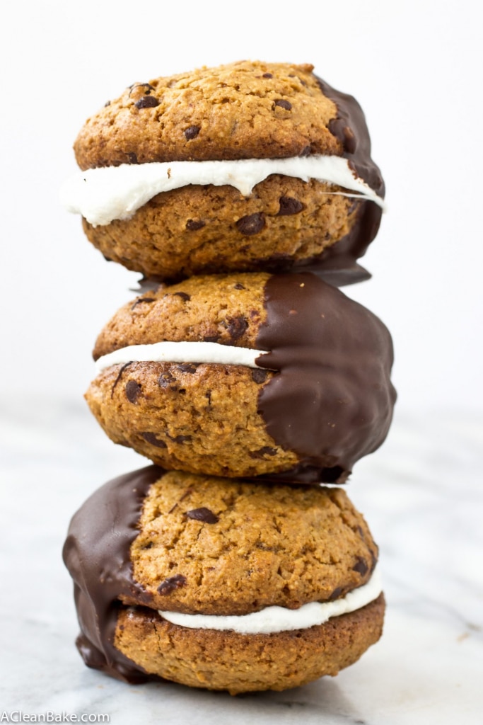 A grain free and gluten free version of your favorite summer treat: s'mores made with chocolate chip cookies instead of graham crackers!