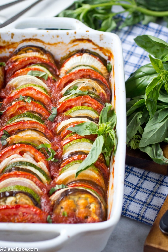 This Ratatouille recipe comes together quickly for a fresh weeknight dinner. It's a light & fresh dish that's gluten free, vegan, and paleo. Plus, it freezes well - so go ahead and make a double batch! 