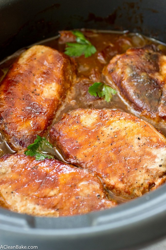 Crockpot BBQ Pork Chops with Apples and Onions. This recipe is mostly hands-off cooking time and is healthy too! Perfect for weeknight dinners.