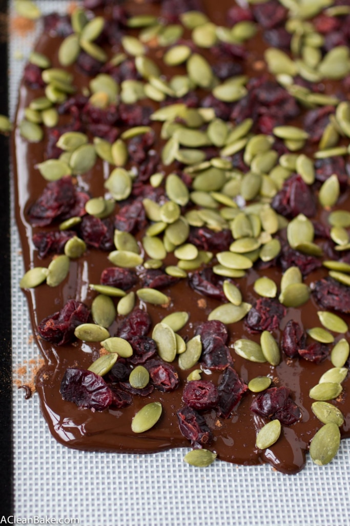 Cranberry pumpkin seed dark chocolate bark tastes just like fall and is super simple to whip up with only 4 ingredients! (gluten free, grain free, paleo, and vegan)