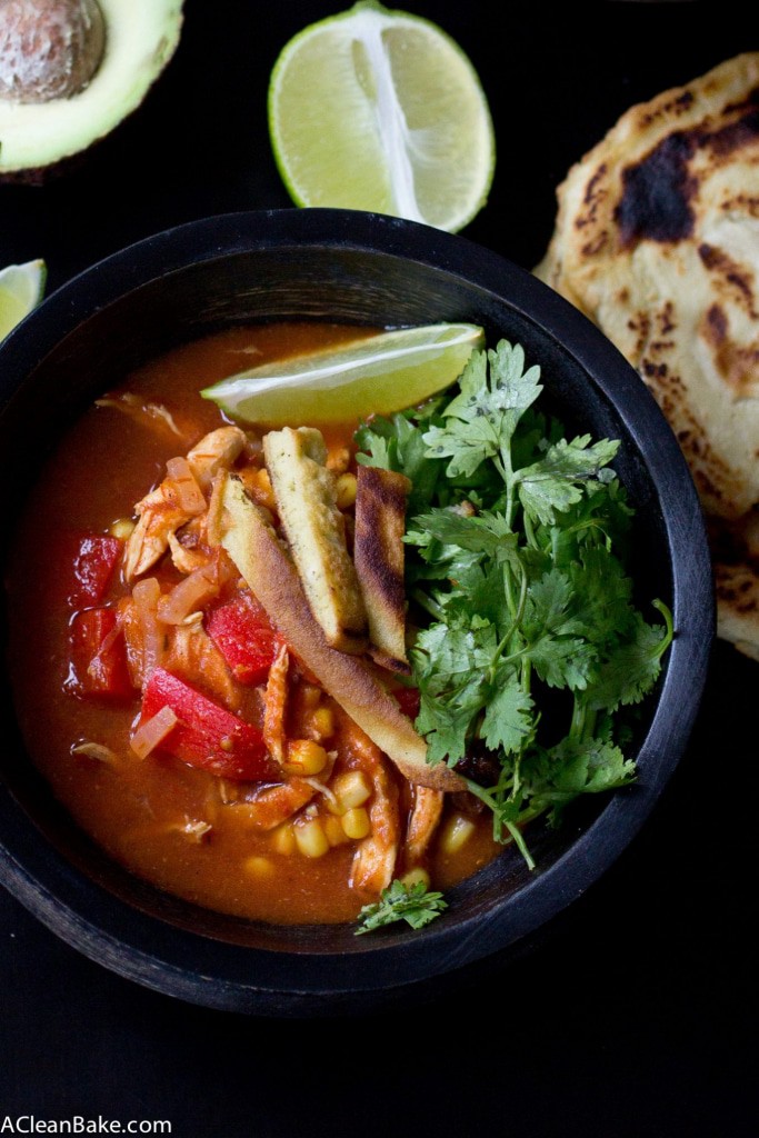 Chicken Tortilla Soup is a family favorite that comes together quickly and easily. Make a pot and have leftovers for a week! This version is topped with gluten free and grain free tortilla strips.