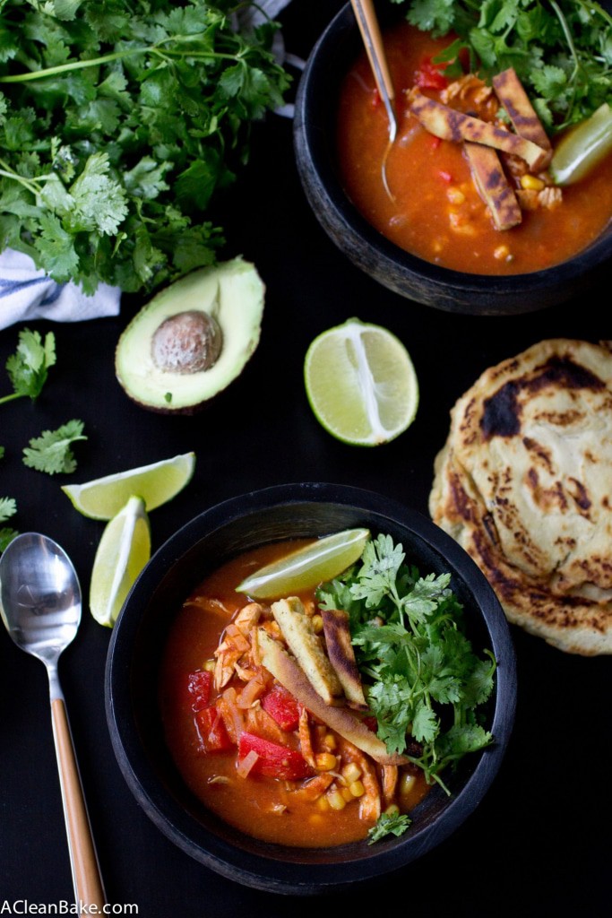 Chicken Tortilla Soup is a family favorite that comes together quickly and easily. Make a pot and have leftovers for a week! This version is topped with gluten free and grain free tortilla strips.