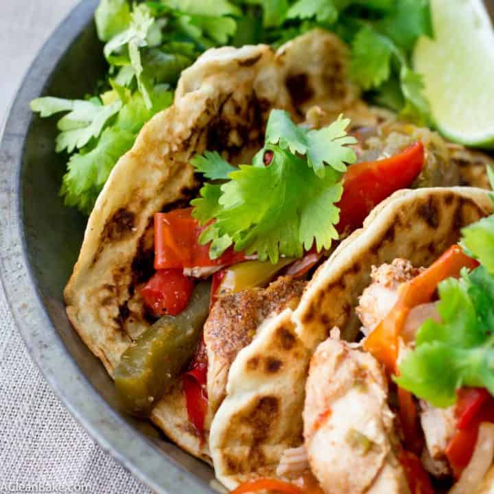 Easy, healthy chicken fajitas that are made in the slow cooker with all-natural (fast and easy) homemade fajita seasoning! (gluten free, grain free, paleo friendly, low carb)
