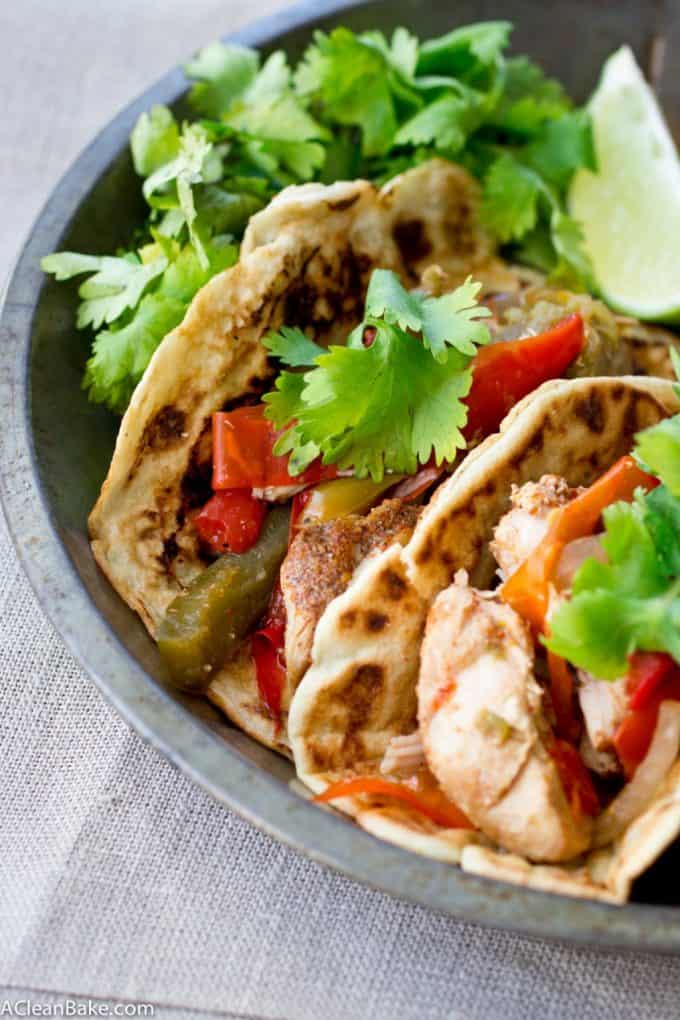 Easy, healthy chicken fajitas that are made in the slow cooker with all-natural (fast and easy) homemade fajita seasoning! (gluten free, grain free, paleo friendly, low carb)