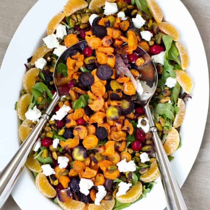 Roasted Rainbow Carrot Salad with Cranberries, Pistachios and Honey Dijon Vinaigrette