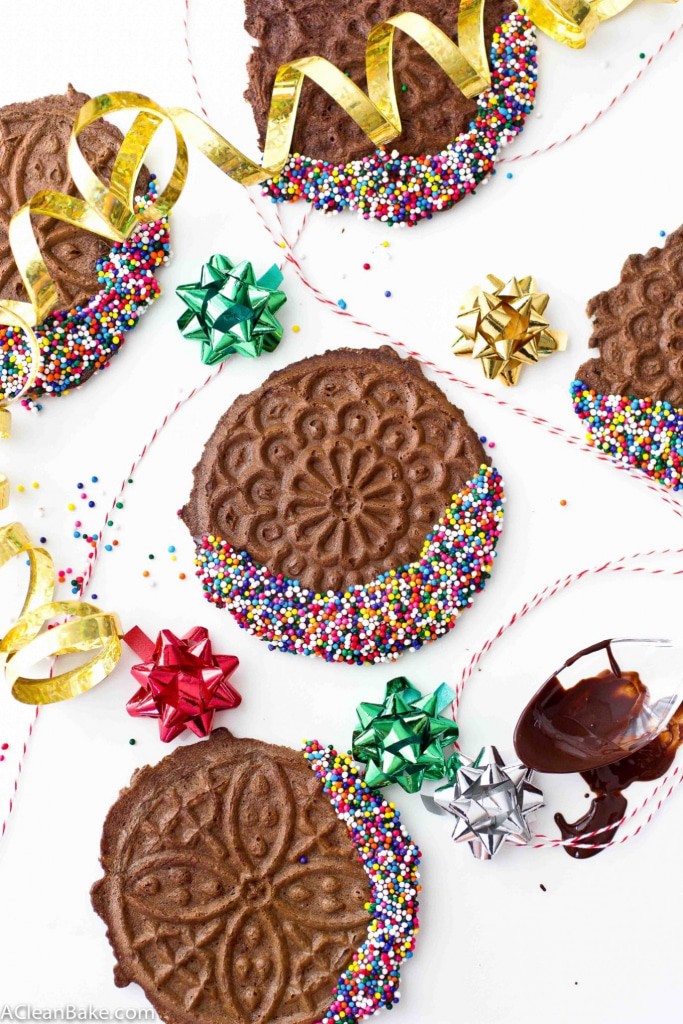 Grain Free Chocolate Pizzelles. These classic Italian cookies are made grain free, gluten free and paleo friendly but stay as crisp and flavorful as ever! #simplemills #12daysofcookies #lifeoftheparty