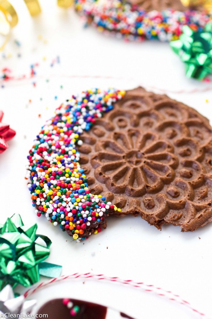 Grain Free Chocolate Pizzelles. These classic Italian cookies are made grain free, gluten free and paleo friendly but stay as crisp and flavorful as ever! #simplemills #12daysofcookies #lifeoftheparty