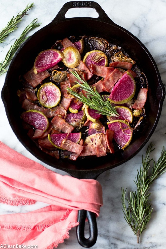 Maple Roasted Turnips with Bacon and Crispy Shallots (Gluten free, Grain Free, Paleo and Naturally Sweetened)