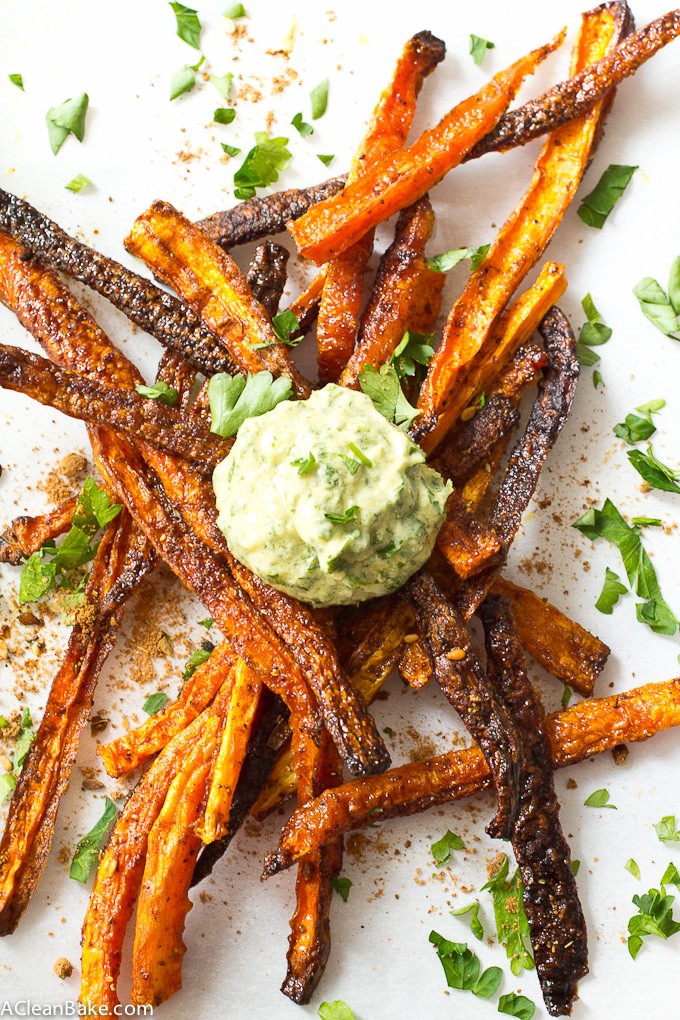 Baked Shoestring Carrot Fries with Green Tahini Dipping Sauce