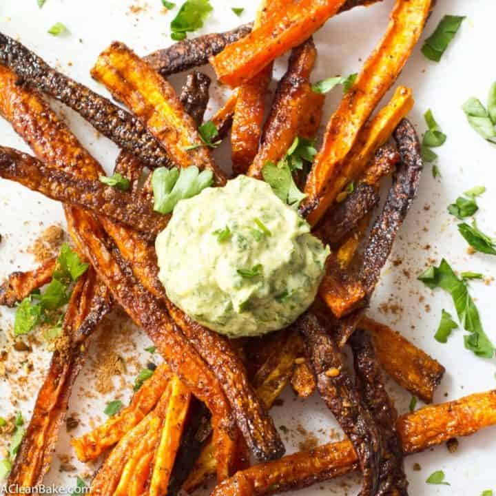Baked Shoestring Carrot Fries with Green Tahini Dipping Sauce