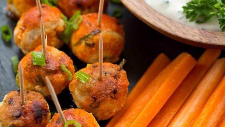 Buffalo Chicken Meatballs are a gluten free and paleo party snack that everyone will love! (Low carb, dairy free and sugar free, too)