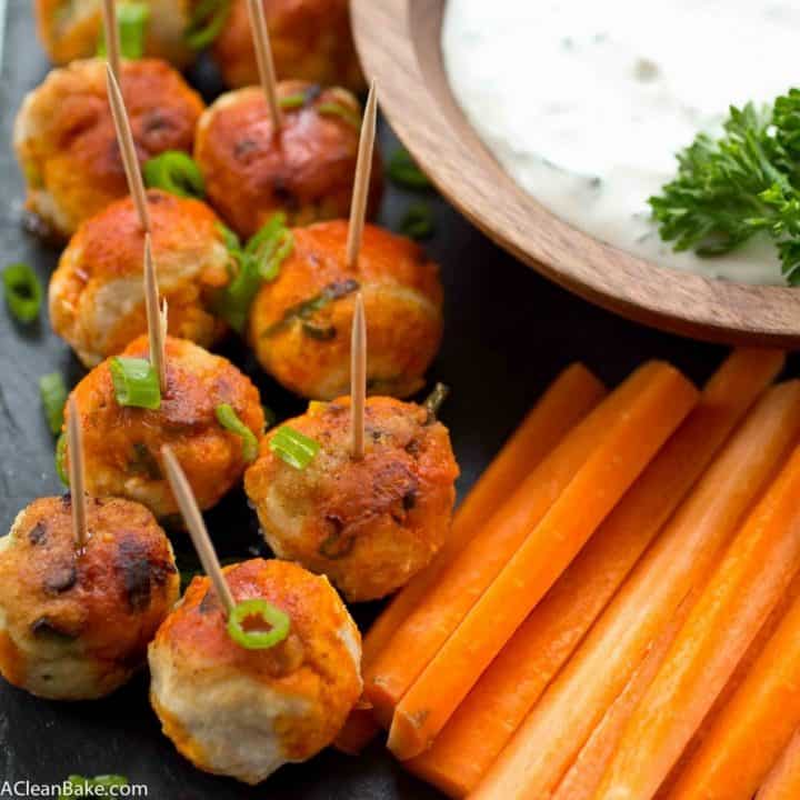 Buffalo Chicken Meatballs are a gluten free and paleo party snack that everyone will love! (Low carb, dairy free and sugar free, too)