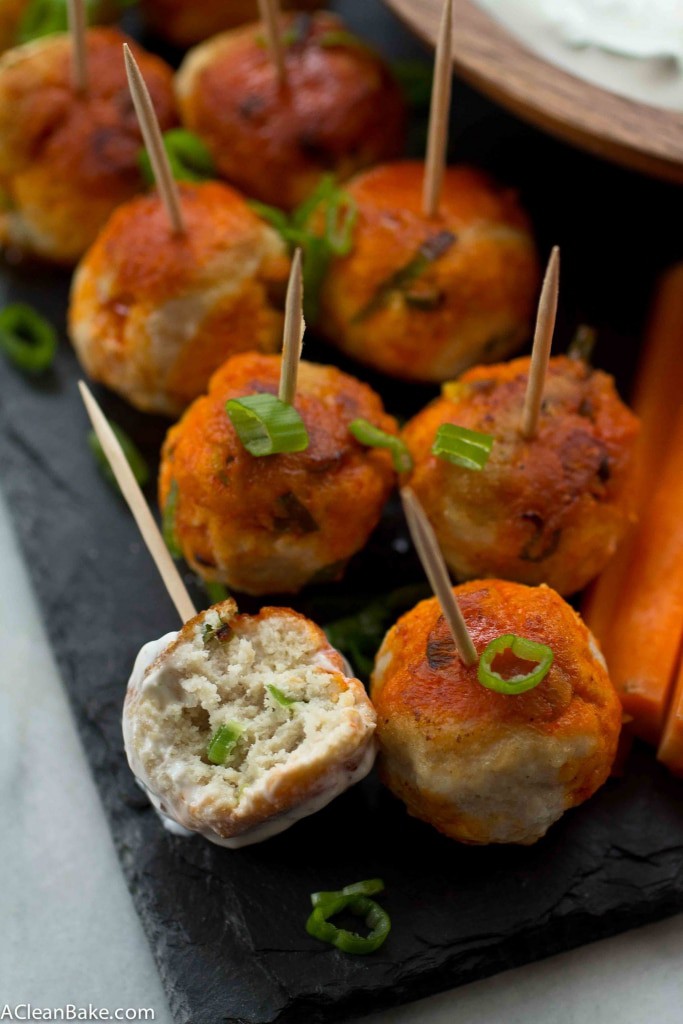 Buffalo Chicken Meatballs are a gluten free and paleo party snack that everyone will love! (Low carb, dairy free and sugar free, too)