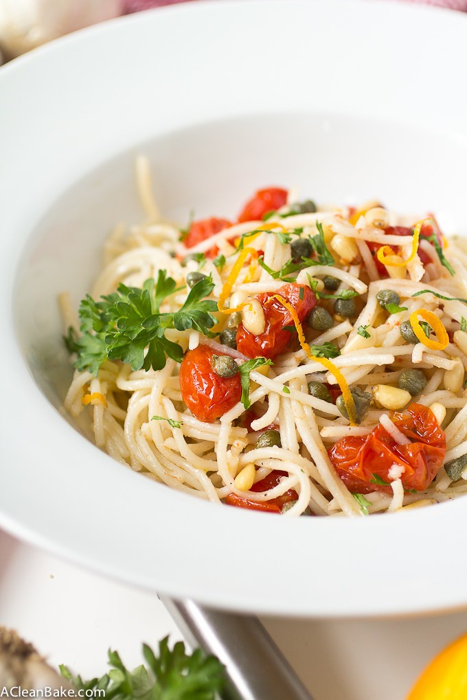 Quinoa Spaghetti with Roasted Tomatoes, Capers and Pine Nuts (GF)