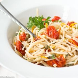 Gluten Free Quinoa Spaghetti with Roasted Tomatoes and Pine Nuts - A perfect weeknight meal!