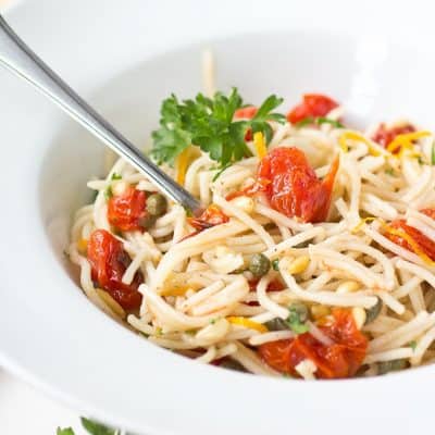 Gluten Free Quinoa Spaghetti with Roasted Tomatoes and Pine Nuts - A perfect weeknight meal!