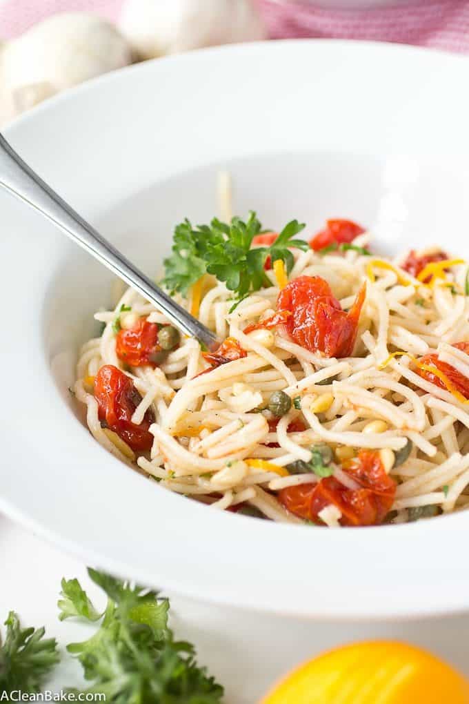 Gluten Free Quinoa Spaghetti with Roasted Tomatoes and Pine Nuts - A perfect weeknight meal!