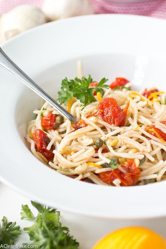 Gluten Free Quinoa Spaghetti with Roasted Tomatoes and Pine Nuts - A perfect weeknight meal!