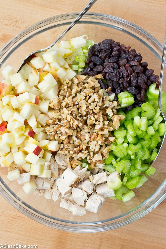 This Waldorf Salad recipe is a gluten free and dairy free twist on the classic Chicken Salad with Apples, Walnuts and Raisins! 