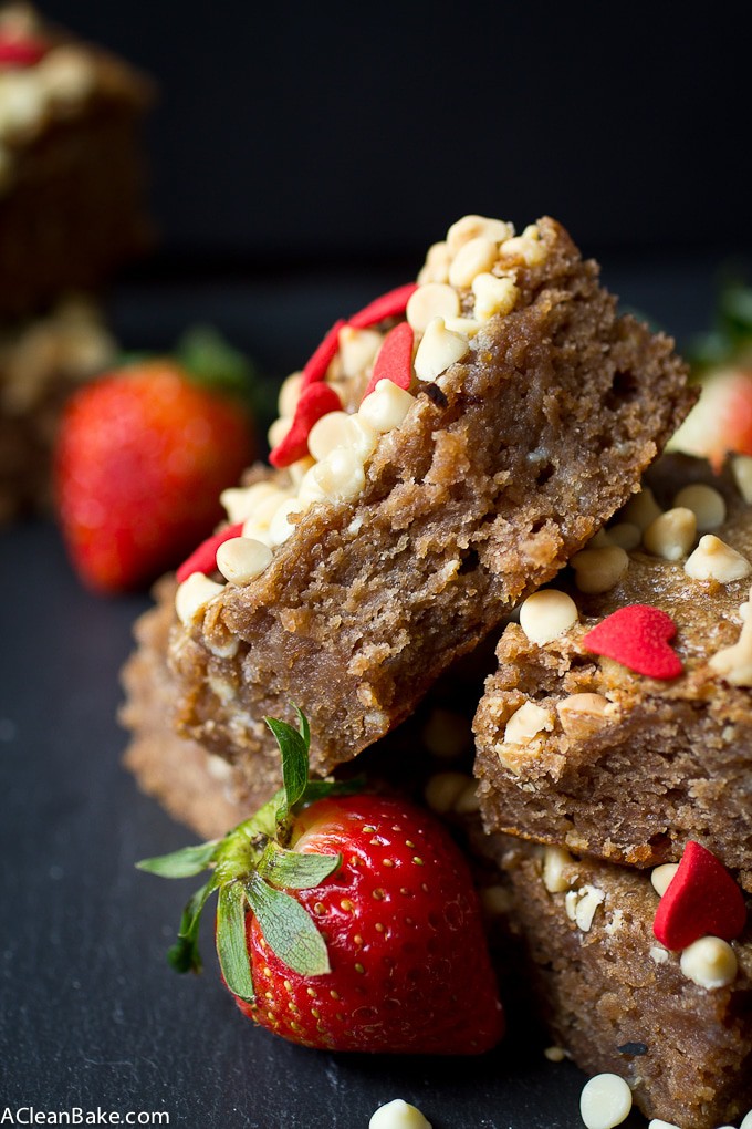 Gluten Free and paleo Strawberry White Chocolate Snacking Cake that is so easy that you can make it in the food processor!