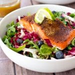Jerk Salmon with Radicchio Blueberry Slaw and Sherry Vinaigrette (gluten free, low carb, paleo)