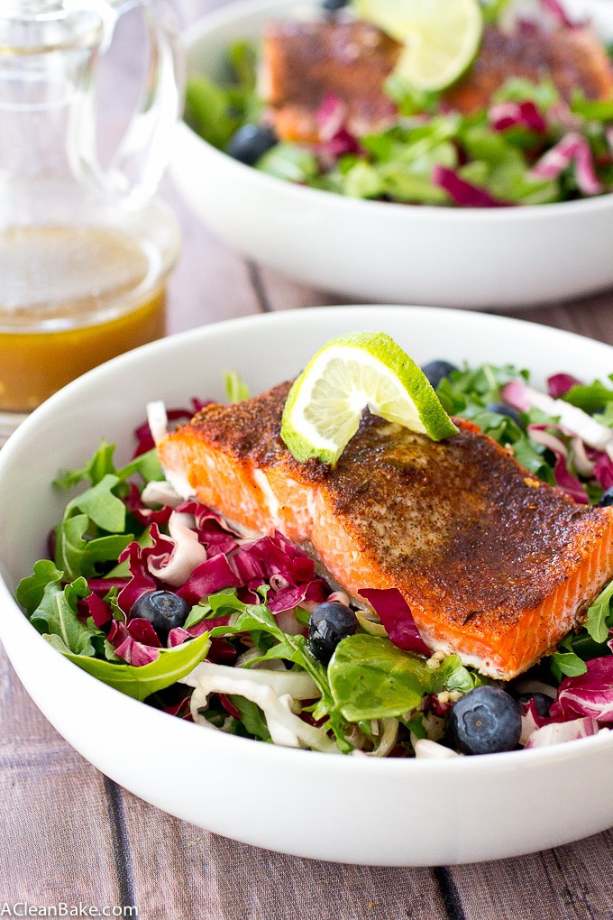 Jerk Salmon with Radicchio Blueberry Slaw and Sherry Vinaigrette (gluten free, low carb, paleo)