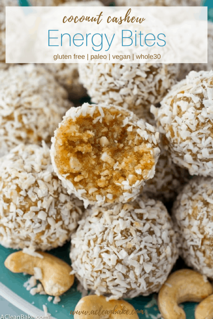 Coconut Cashew Energy Bites are a clean eating and whole 30 friendly snack or dessert that keeps you going! Made from real food, #glutenfree, #paleo and #vegan ingredients. Easy to make and healthy and delicious to eat! #glutenfree #glutenfreerecipe #glutenfreerecipes #glutenfreesnacks #paleo #paleosnack #paleorecipe #paleorecipes #whole30 #whole30snack #whole30recipe #whole30recipes #cleaneating #realfood #cleaneatingsnack #whole30snack #healthysnack #vegan #vegansnack #veganrecipe #veganrecipes 