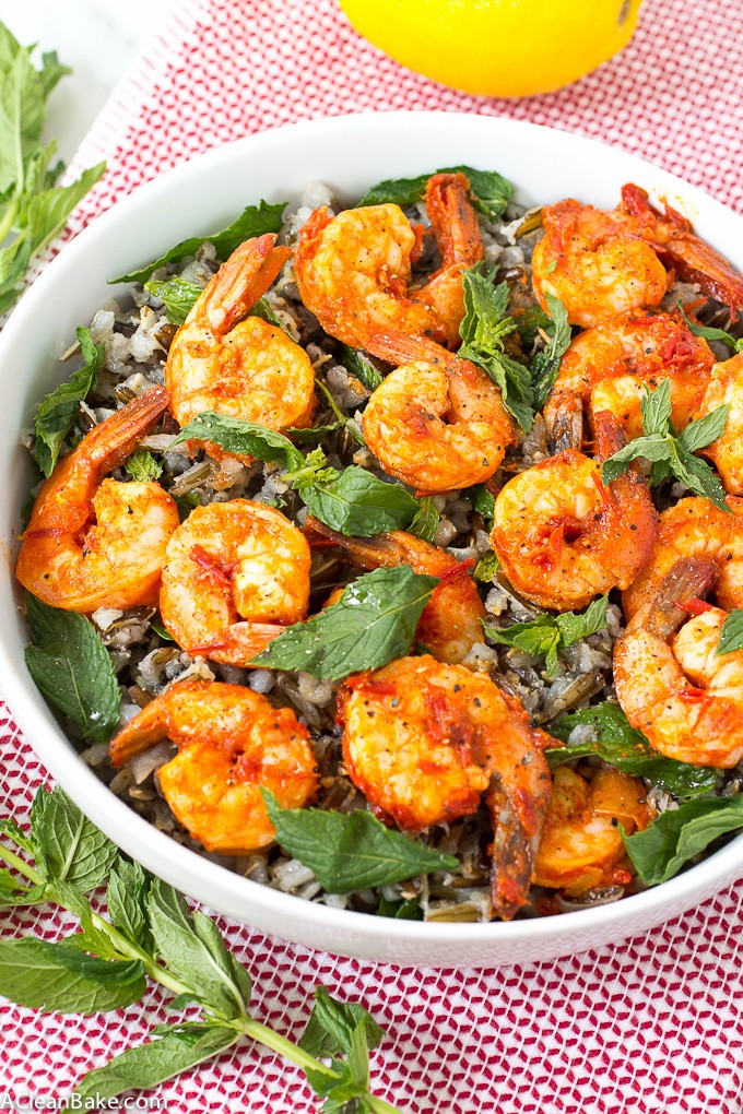 Cold Wild Rice Salad with Harissa Shrimp and Mint (gluten free, dairy free)