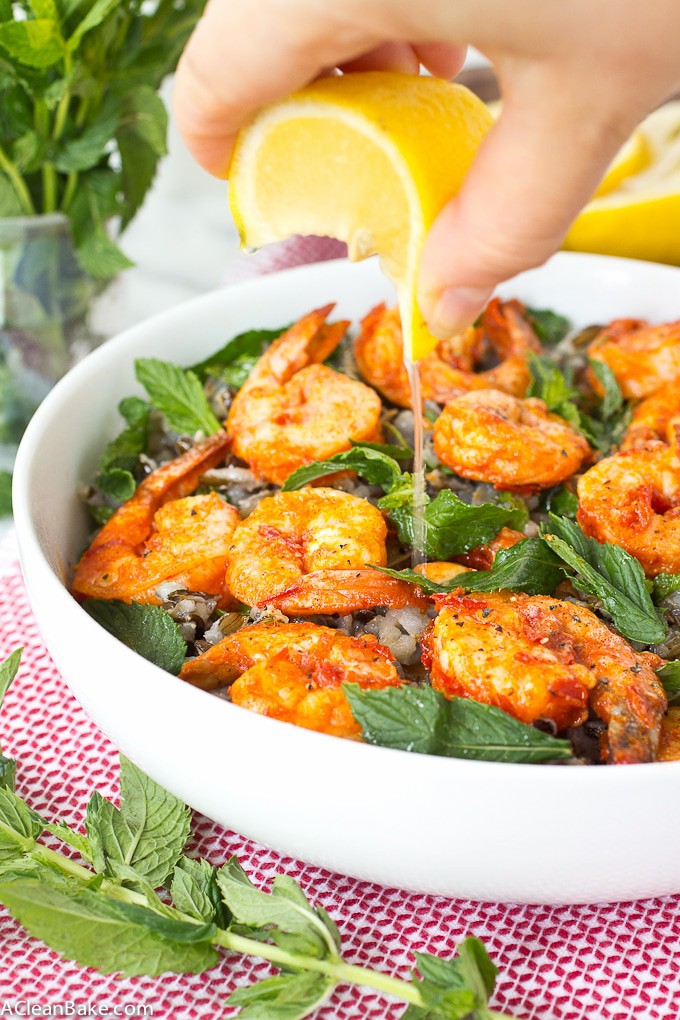 Cold Wild Rice Salad with Harissa Shrimp and Mint (gluten free, dairy free)