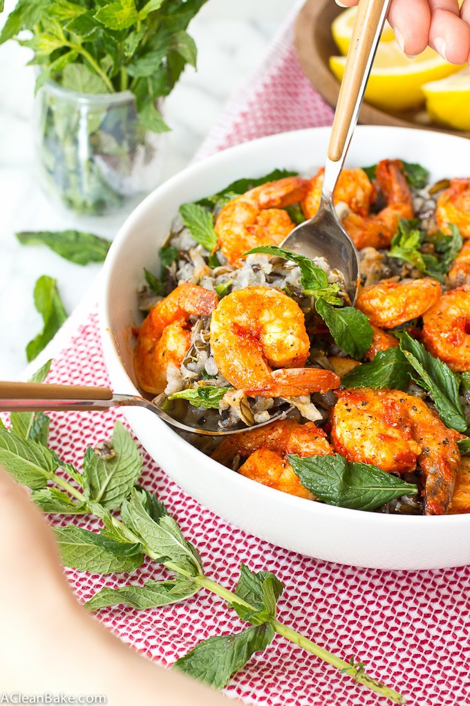 Cold Wild Rice Salad with Harissa Shrimp and Mint (gluten free, dairy free)