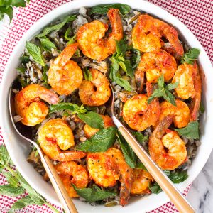 Cold Wild Rice Salad with Harissa Shrimp and Mint (gluten free, dairy free)