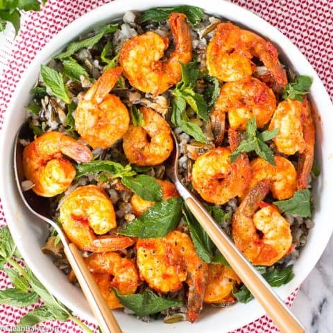 Cold Wild Rice Salad with Harissa Shrimp and Mint (gluten free, dairy free)