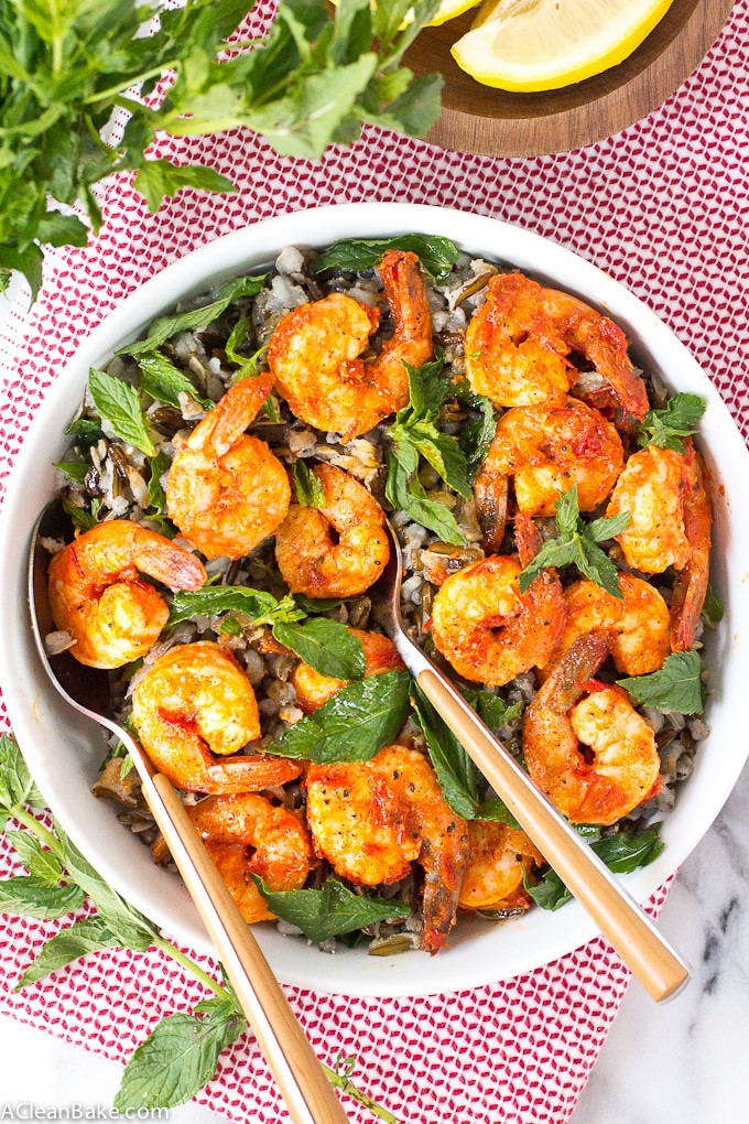 Cold Wild Rice Salad with Harissa Shrimp and Mint (gluten free, dairy free)