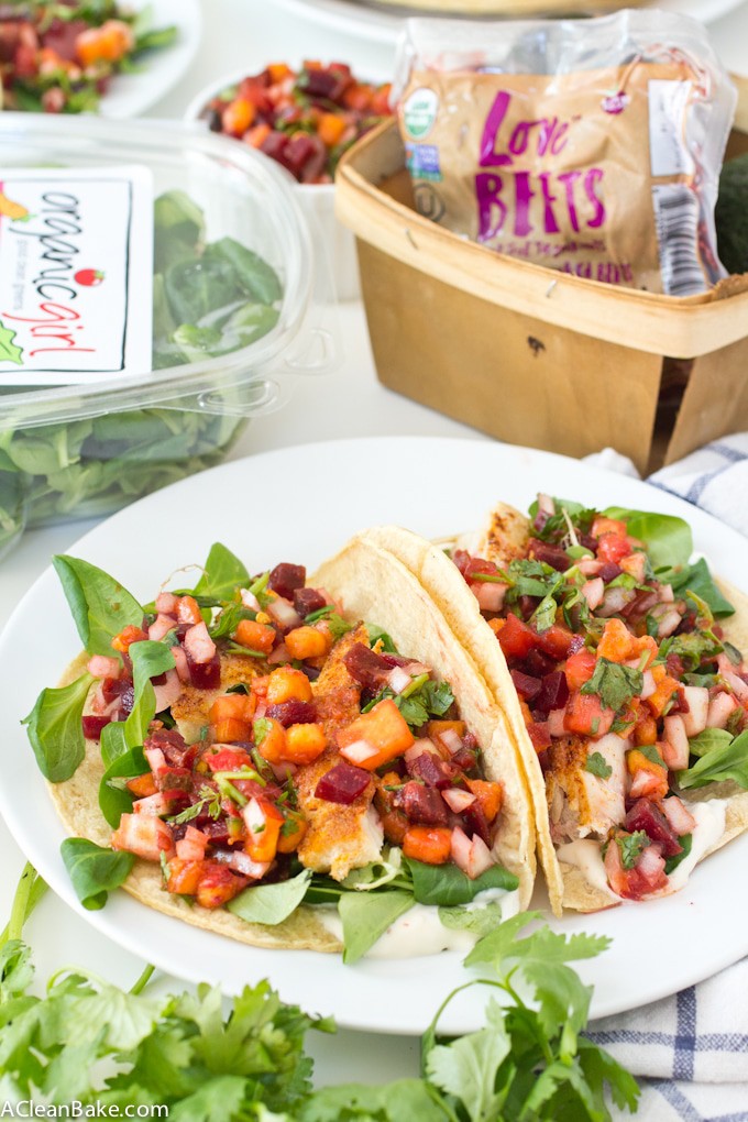 Fish Tacos with Beet-Nectarine Salsa and Baby Greens (gluten free)