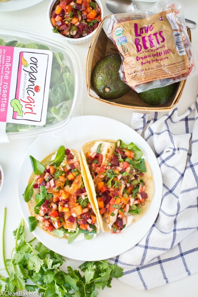 Fish Tacos with Beet-Nectarine Salsa and Baby Greens (gluten free)